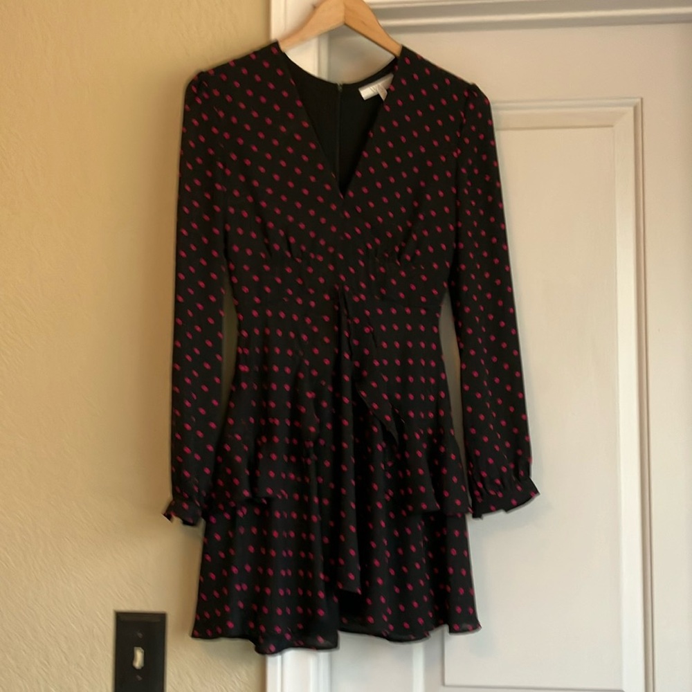 Wayf Ruffle Dress XS Long Sleeve Polka Dot Black Hot Pink